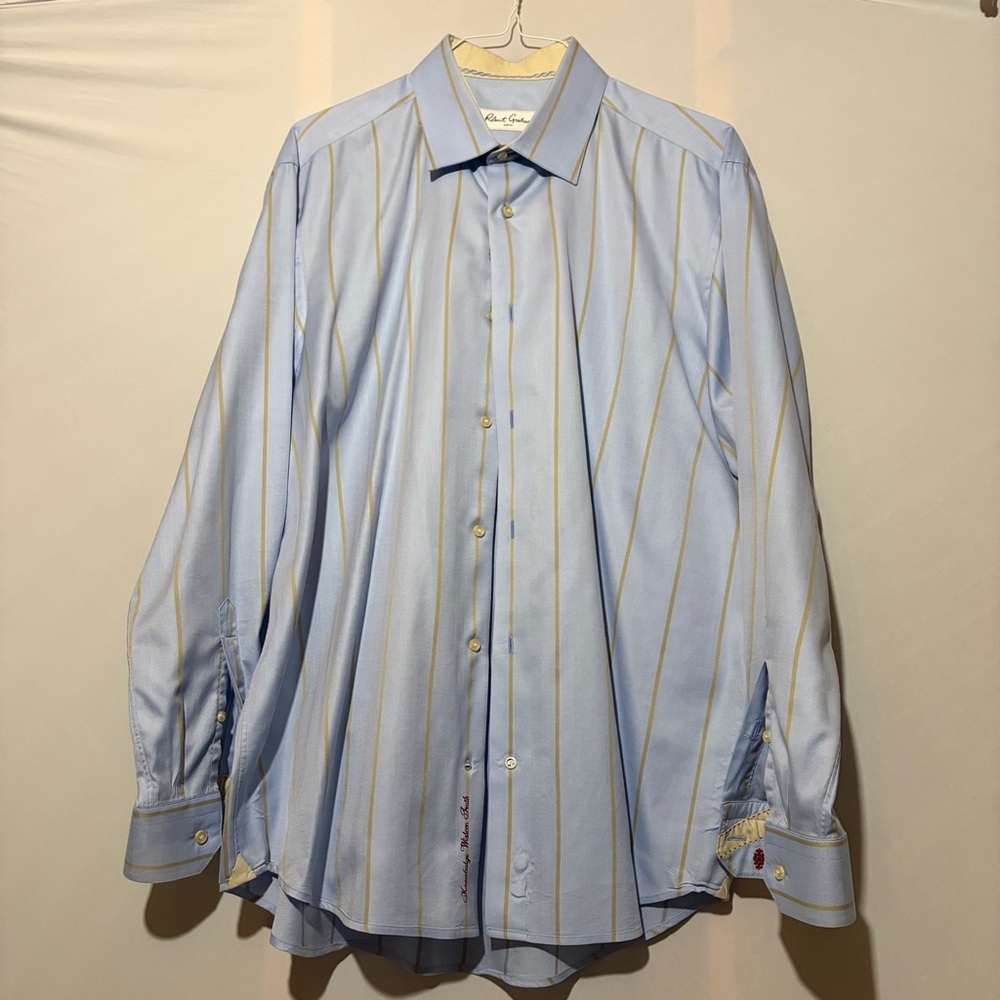 Robert Graham Light Blue and Tan Striped Dress Shirt
